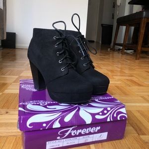 Black Chunky Heel Lace-Up Ankle Booties